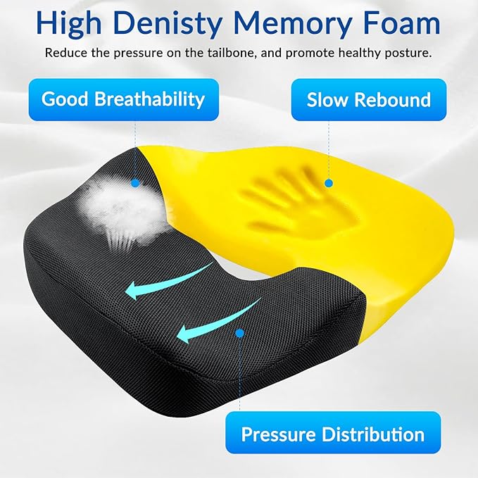 Ergonomic Memory Foam Seat Cushion for Office Chair, Extra Large Pad with U-Shaped Design for Pressure Relief, Coccyx Sciatica & Back Pain Relief, for Home, Car Long Sitting (Black/Gray)-DeskLoop Office