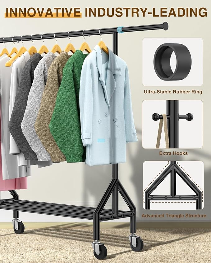 Heavy Duty Clothes Rack Load 520LBS, Adjustable Rolling Clothing Rack with Sturdy Wheel, Metal Industrial Closet Garment Racks for Hanging Clothes Coat, Portable for Bedroom, Laundry Living Room-DeskLoop Office