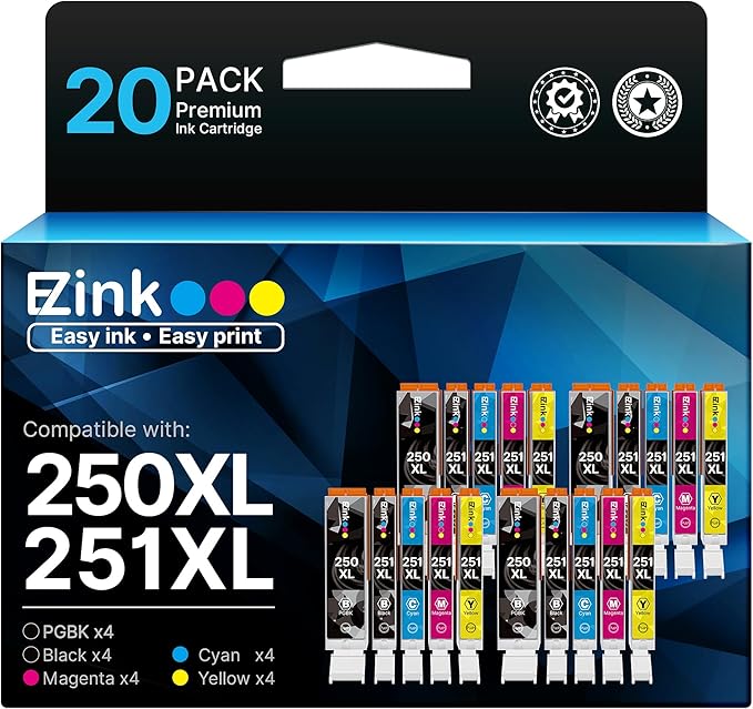 E-Z Ink Compatible Ink Cartridges Replacement for Canon 250 251 XL PGI-250XL CLI-251XL to use with Pixma MX922 MX920 MG5520 MG7520 IX6820 IP8720 MG6620 MG6320 MG7120 (20 Pack)-DeskLoop Office