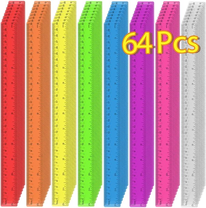64 Pack Plastic Ruler 12 Inch in Bulk, Plastic Rulers in Assorted Colors by Officygnet