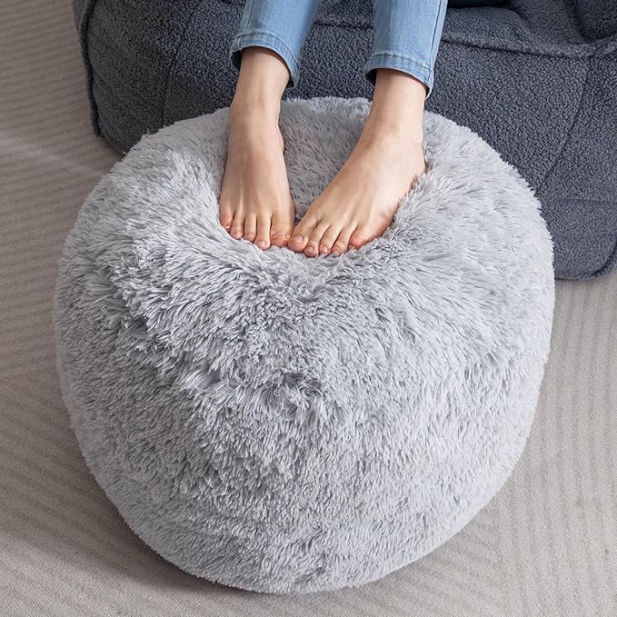 HIGOGOGO Round Stuffed Pouf Ottoman, Long Faux Fur Poufs with Foam Chunk Filling, Fluffy and Furry Pouf Foot Stool Storage Ottoman, 20 X 15 Floor Poufs Foot Rest for Living Room, Grey-DeskLoop Office