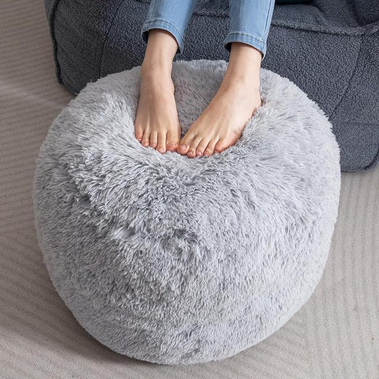 HIGOGOGO Round Stuffed Pouf Ottoman, Long Faux Fur Poufs with Foam Chunk Filling, Fluffy and Furry Pouf Foot Stool Storage Ottoman, 20 X 15 Floor Poufs Foot Rest for Living Room, Grey-DeskLoop Office