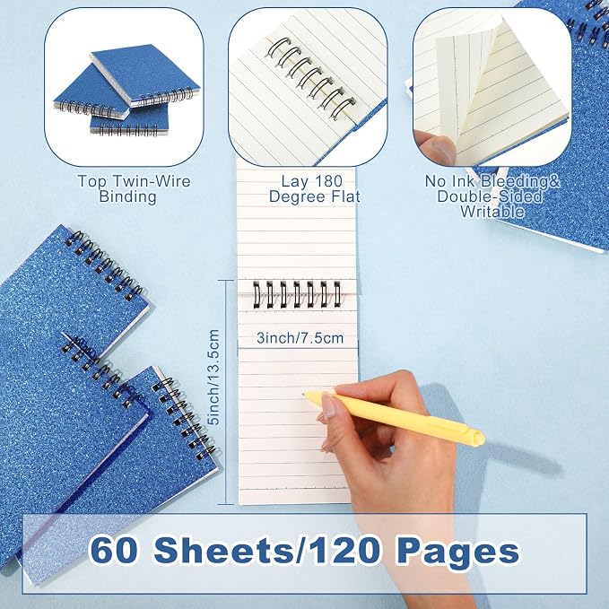 Tenceur 6 Pcs Pocket Notebook Small 3x5 Inch Blue Glitter Top Spiral Notepads - Image 2