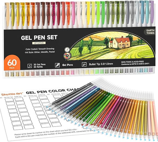 Shuttle Art 60 Pack Earth Tone Gel Pens, 30 Brown Earth Tone Gel Pens with 30 Refills for Adults Coloring Books Journaling Drawing Nature, Landscapes, Animals Scenes-DeskLoop Office