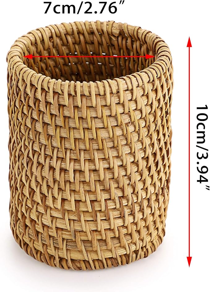 BTSKY Rattan Pen Cup, Handmade Desk Pencil Holders Makeup Brush Holder - Image 4