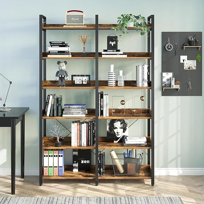 Seventable Bookshelf 6 Tier with 4 Hooks, 67” Industrial Wooden Bookcase, Vintage Storage Rack with Open Shelves, Rustic Standing Bookshelves Metal Frame 43.3” Wide Display Rack, Rustic Brown-DeskLoop Office