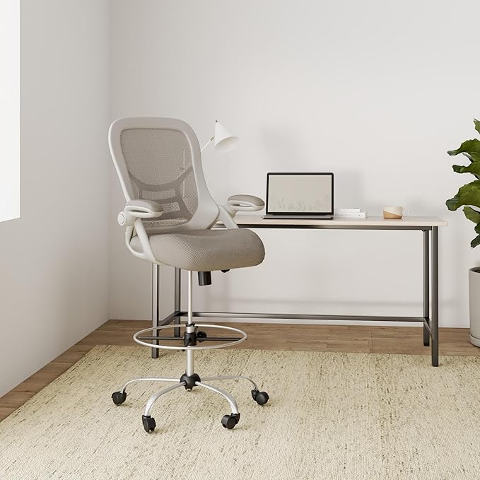 HYLONE Drafting Chair, Tall Office Chair Standing Desk Stool with Adjustable Foot Ring, Flip-Up Arms, Mesh High-Back Drafting Table Chair, White & Grey-DeskLoop Office