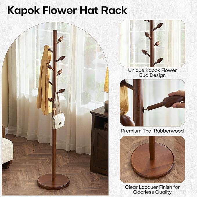 Wooden Coat Rack Freestanding - Heavy Duty Coat Tree Stand with 8 Bud-Shaped Hooks, Sturdy Round Base Coat Hanger for Entryway, Bedroom, Jackets & Clothes, 200lbs Capacity (Walnut)-DeskLoop Office