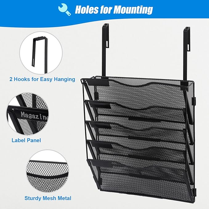 EASEPRES 5 Pocket Mesh Hanging Wall File Organizer with Hangers & Nametag Label, Wall Mounted Mail Paper Document Folder Holder, Clipboard Storage Organization Magazine Rack for Office Cubicle, Black-DeskLoop Office