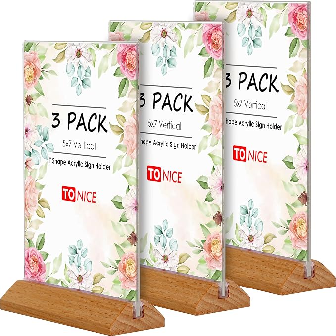 TONICE® 3 Pack 5x7 Acrylic Sign Holder T Shape Clear Acrylic Double Sided Frames by TONICE