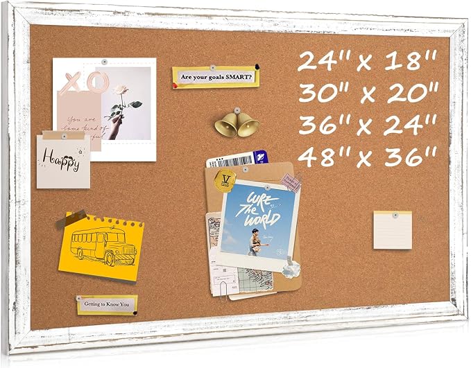Cork Board Bulletin Board, Rustic White Wooden Frame, Hanging Pin Board by QUEENLINK