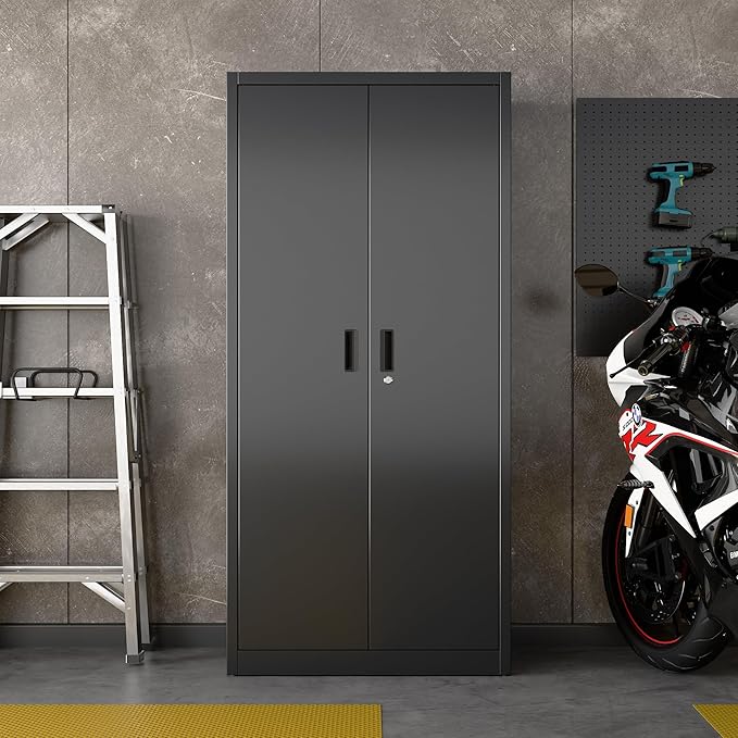 Aobabo Upgraded 71" H×34" W×18" D Metal Garage Storage Cabinet with Pegboards, Lockable Steel Cabinet with 5 Adjustable Shelves and 4 Hooks for Garage, Home, Office, Black,Assembly Required-DeskLoop Office