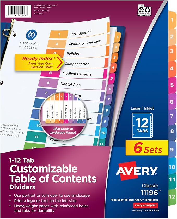 Avery 12 Tab Dividers for 3 Ring Binders, Customizable Table of Contents by Avery