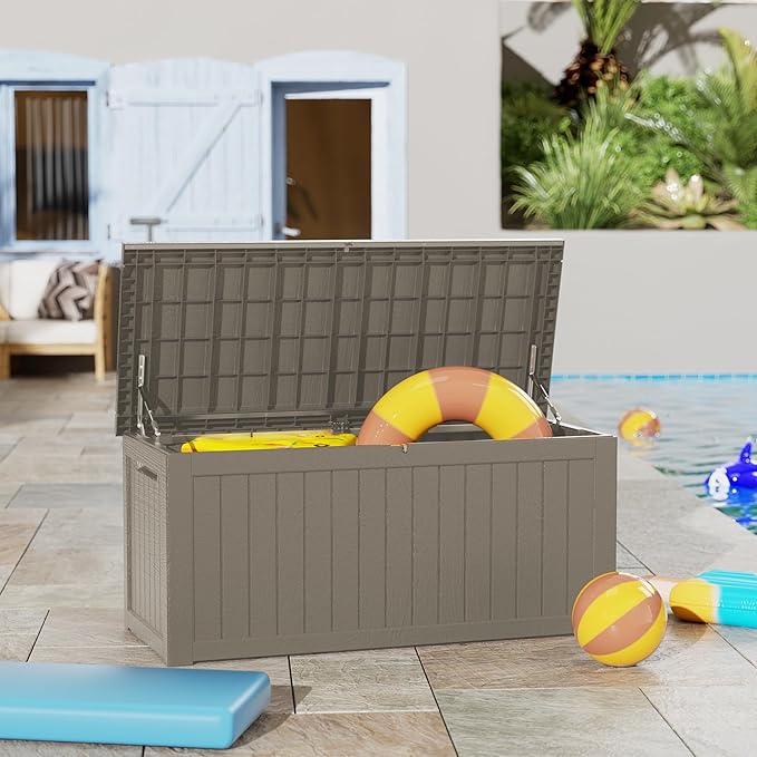 270 Gallon Lockable Resin Deck Box, Waterproof & UV-Resistant Outdoor Storage Box for Outdoor Cushion Storage, Garden Tools & Pool Accessories Storage, Gray-DeskLoop Office