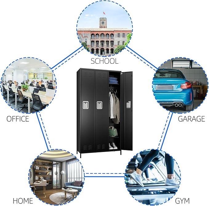 3 Doors Metal Lockers for Employees with Lock, Metal Locker with 9 Hooks for School Garage Office Gym Home,Assembly Required,Black-DeskLoop Office