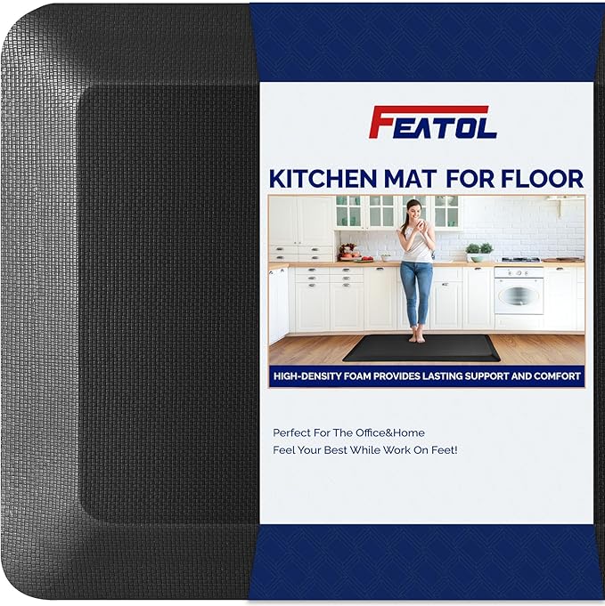 FEATOL Anti Fatigue Mat for Kitchen Floor, 9/10 Inch Thick Anti Fatigue Cushioned Floor Mat, Comfort Memory Foam Standing Padded for Sink, Kitchen, Home (Black, 24x70x9/10-Inch)-DeskLoop Office