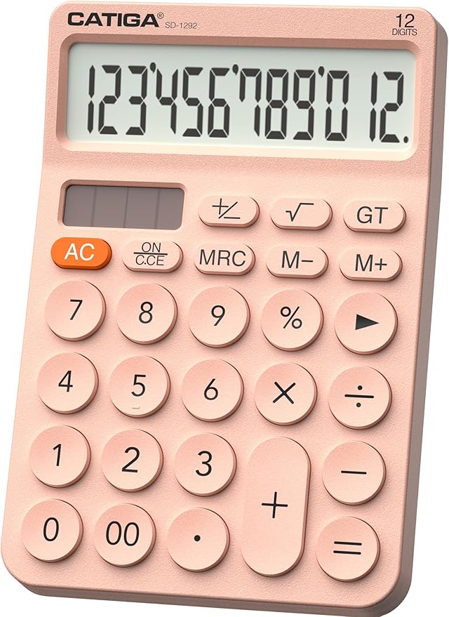 CATIGA 12 Digit Desktop Calculator Basic Desk Calculator with Large LCD Display, Big Buttons, 4 Function, Solar and Battery Dual Power, for Office, School, Home, SD-1292 Pink-DeskLoop Office