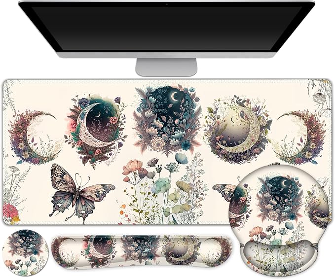 Large Desk Mat, Cute Boho Plants Mouse Pad, Apricot Desk Pad, XXL Mousepad + by ToLuLu