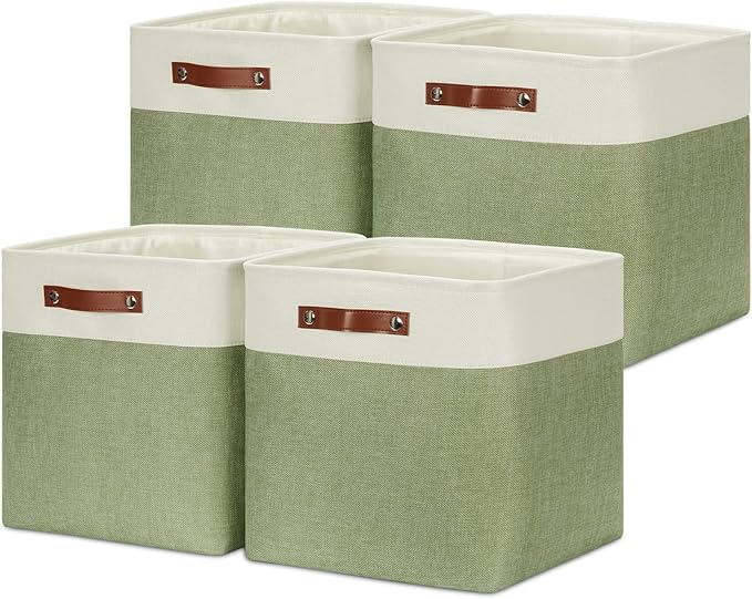 DULLEMELO Storage Baskets for Organizing, Linen Closet Organizers and Storage Baskets for Dog Toy Box, 13 Inch Decorative Cube Storage Bins with handle for Baby Gift Basket(4 Pack - 13" White&Green)-DeskLoop Office