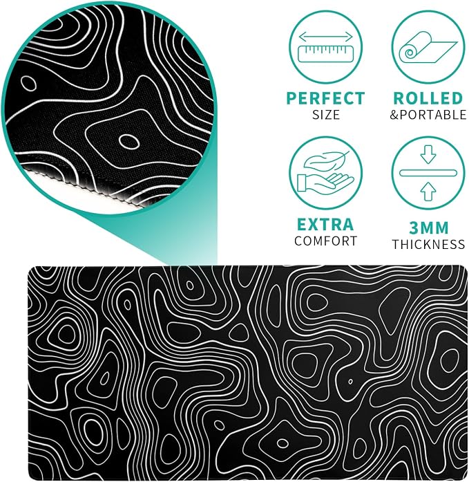 Topographic Contour Gaming Mouse Pad Black Large Mouse Pad - Image 5
