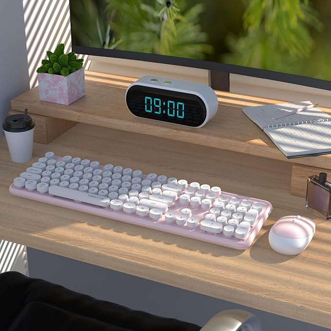 UBOTIE Colorful Computer Wireless Keyboard Mouse Combos, Typewriter Flexible Keys Office Full-Sized Keyboard, 2.4GHz Dropout-Free Connection and Optical Mouse (Pink-White)-DeskLoop Office