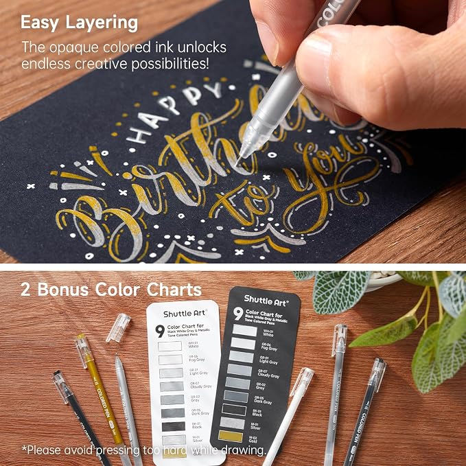 Shuttle Art Colored Pens, 22 Black White Gray & Metallic Tone Colors Cute - Image 4