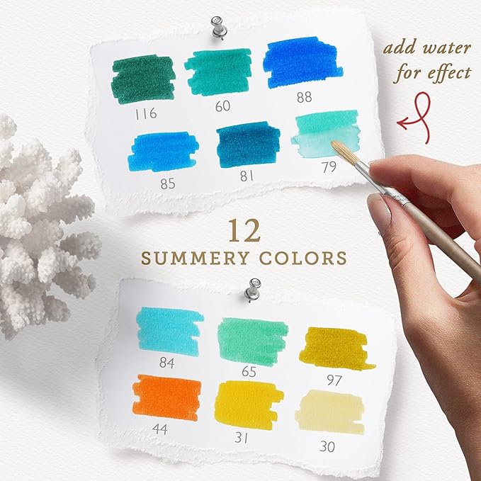 Primrosia 12 Dual Tip Watercolor Marker Pens - Fine Tip & Brush Tips, Professional Quality, 4 x Sticker Sheets, Blendable, Non-Toxic, Perfect for Calligraphy, Drawing & Coloring. (Coastal)-DeskLoop Office