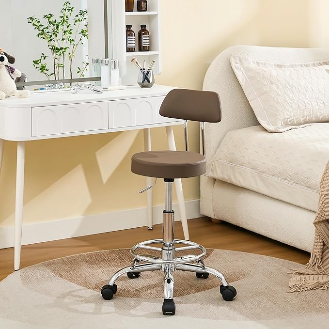 Salon Rolling Chair, Adjustable Stool with Footrest and Back 19.5’’-26.6’’,Coffee Brown Massage Stools with Wheels (Coffee Brown)-DeskLoop Office