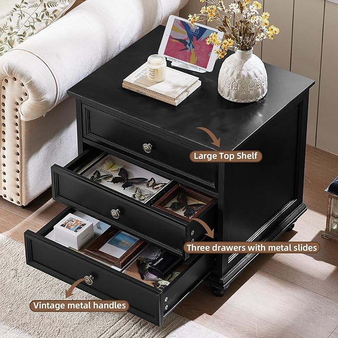 24" Wide Farmhouse Night Stand,Large End Table with 3 Drawers & Metal Handle,Black Wood Dresser for Bedroom Cabinet, Bed Side Tabl·e Chest of Drawers,Nightstand for Living Room,Close-DeskLoop Office
