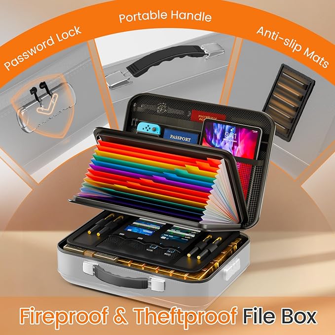 Fireproof Document Box with Lock, 5200°F Fireproof Water Resistant Hard Case - Image 4