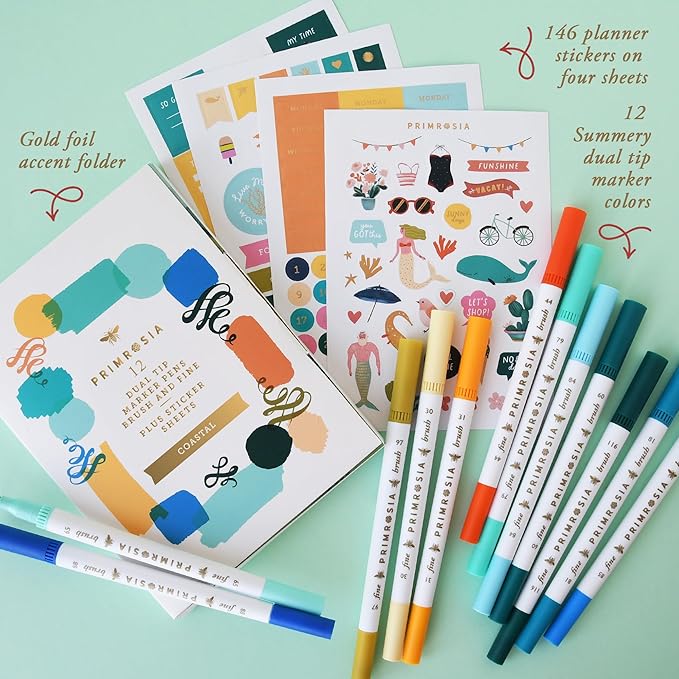 Primrosia 12 Dual Tip Watercolor Marker Pens - Fine Tip & Brush Tips, Professional Quality, 4 x Sticker Sheets, Blendable, Non-Toxic, Perfect for Calligraphy, Drawing & Coloring. (Coastal)-DeskLoop Office