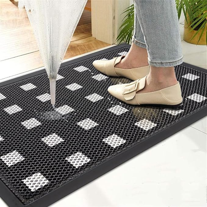 Front Door Mat Indoor Entrance 29.5"x17" for Apartments/Small Spaces, Heavy Duty Rubber Entryway Mats Backing Inside/Outside Dirt Trapping, All Weather Outdoor Rug Black and White-DeskLoop Office