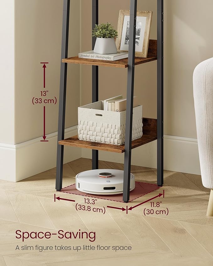 VASAGLE Bookshelf, 4-Tier Narrow Book Shelf, 11.8 x 13.3 x 55.1 Inches, Ladder Shelf for Home Office, Living Room, Bedroom, Kitchen, Rustic Brown and Ink Black ULLS108B01-DeskLoop Office