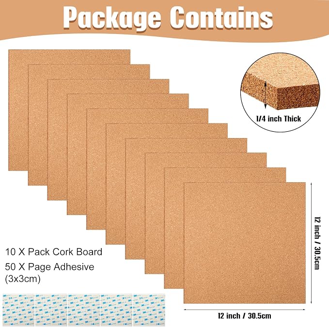 Kosiz 10 Pack Cork Board Square 12" x 12", 1/4" Thick Cork Board Tiles Bulk - Image 2