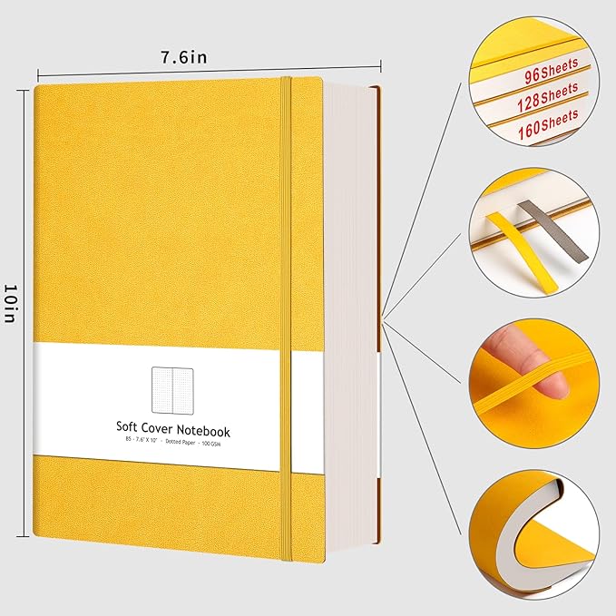 AHGXG Bullet Dotted Journal - 320 Pages Dot Grid Notebook B5 Large Journal, 7.6'' X 10'', 100gsm Thick Dotted Paper, Leather Softcover, with Journal Stencils, Inner Pocket - Yellow-DeskLoop Office