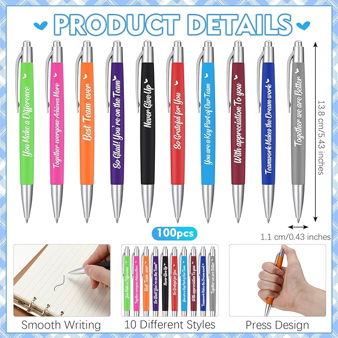 Yeaqee 100 Pcs Inspirational Pens Employee Appreciation Back to School Gifts Motivational Thank You Metal Greeting Quote Ballpoint Pen for Coworker Teacher(Multicolored,Member)-DeskLoop Office