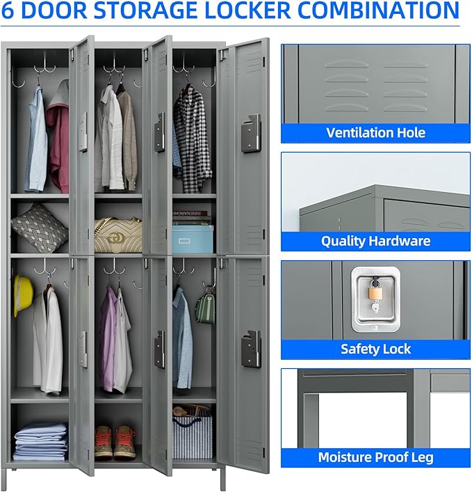 6 Doors Metal Lockers for Employees with Lock,Metal Storage Locker for Employees with 18 Hooks for School,Office, Gym,Home,Assembly Required,6 Doors Light Grey-DeskLoop Office