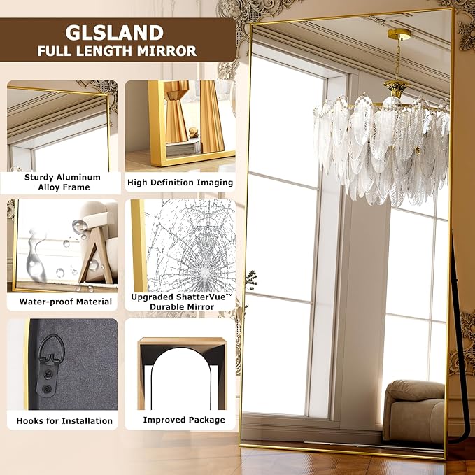 GLSLAND-38 x 77" Rectangular Full Length Mirror - Large Floor Mirrors Aluminum Alloy Frame Full Body Dressing Mirror for Bedroom, Living Room,Gold-DeskLoop Office