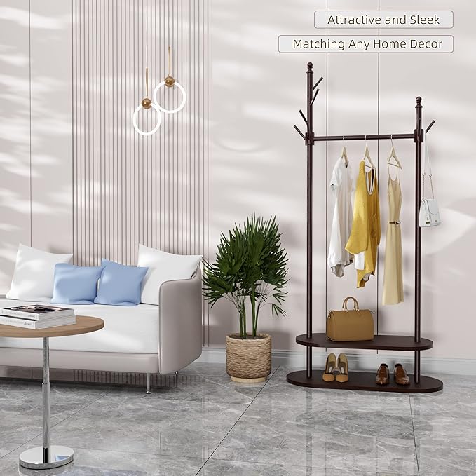 2-Tier Coat Rack Freestanding, Easy Assemble 8 Hooks Wooden Coat Rack with Shoe Storage Sturdy Coat Tree Save Space, Rustic Coat Stand for Entryway, Bedroom, Office (Dark Brown)-DeskLoop Office