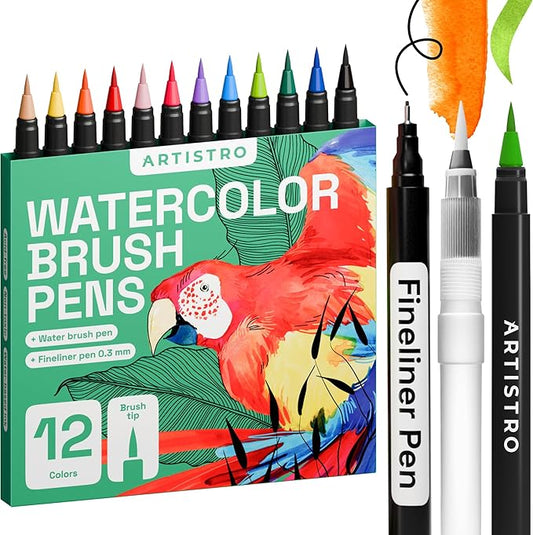 ARTISTRO 12 Watercolor Markers with Flexible Paint Brush Pens for Pros & Beginners - Consistent, Smooth, Bright, Washable, Non-Toxic, Ideal for Coloring, Calligraphy, & Manga-DeskLoop Office