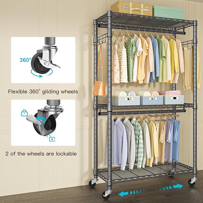 P1 Heavy Duty Garment Rack, 3 Tiers Adjustable Rolling Metal Closet Organizer with Lockable Wheels, FreeStanding Wardrobe with Double Hanger Rods & 1 Pair Hooks, Max Load 450 LBS, Gray-DeskLoop Office