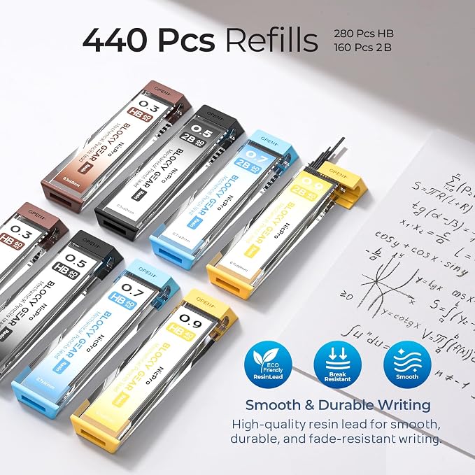 Nicpro 4 Pack Blocky Gear 0.3, 0.9 mm Metal Mechanical Pencils Set - Image 4
