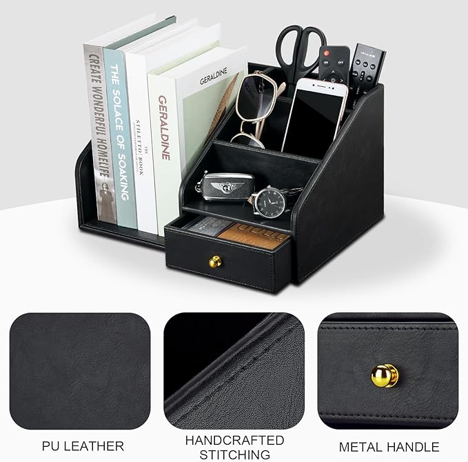 KINGFOM PU Leather Desk Organizer, Multifunction 6 Compartment Desk Organizers and Accessories for Office Supplies, Pen Pencil Holder/Book Mail Organizer Holder for Desk with Drawer(Black)-DeskLoop Office