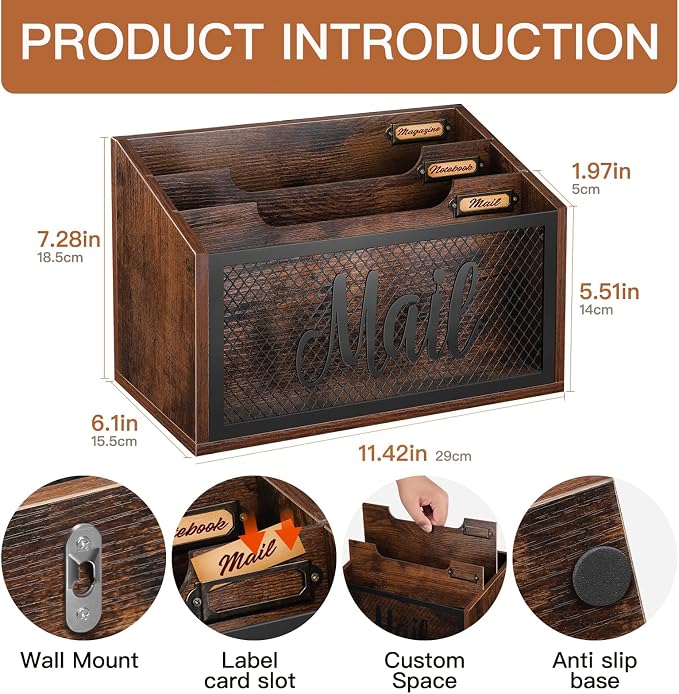 Mail Organizer Letter Holder Countertop, Mail Sorter Mail Basket Wall Mounted - Image 4