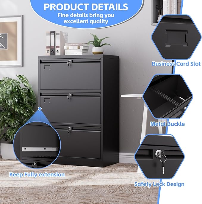 Metal 3 Drawer Lateral File Cabinet with 3 Lock - Wide Filing Cabinet for Letter/Legal/F4/A4 Hanging Files - Includes Business Card Holder,Home Office School Storage,Black-DeskLoop Office