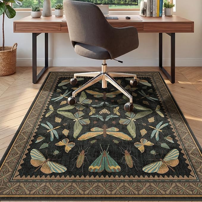 4'x5' Black Office Chair Mat for Hardwood Floors, Insect Boho Design, Non-Slip by JTJ