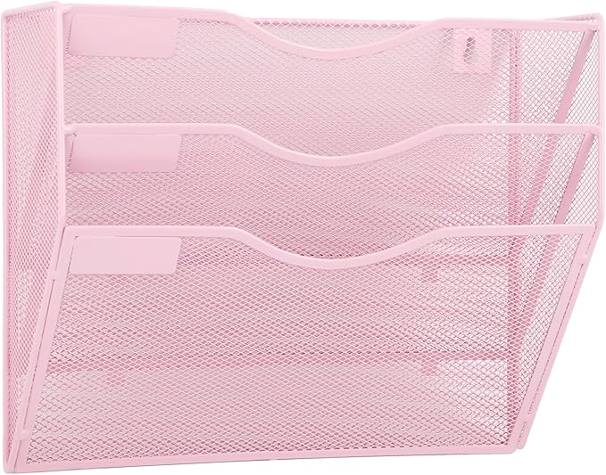 EASEPRES 3 Pocket Mesh Hanging Wall File Organizer, Wall Mounted Mail Paper Document Folder Holder, Clipboard Storage Organization Magazine Rack with Nametag Label for Office Home School, Pink-DeskLoop Office