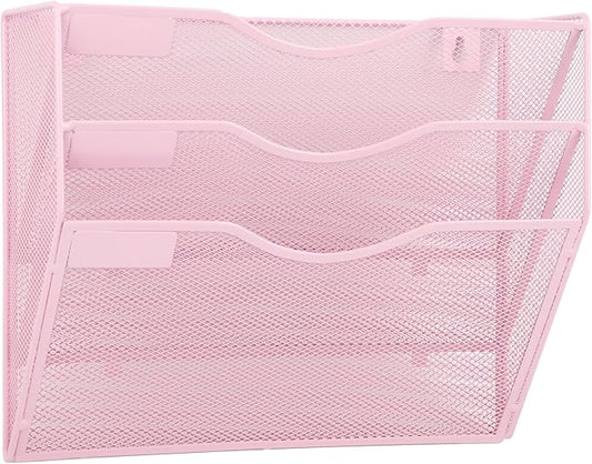 EASEPRES 3 Pocket Mesh Hanging Wall File Organizer, Wall Mounted Mail Paper Document Folder Holder, Clipboard Storage Organization Magazine Rack with Nametag Label for Office Home School, Pink-DeskLoop Office
