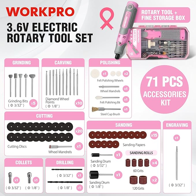 WORKPRO Cordless Rotary Tool Kit with 71pcs Accessories, 3 Variable Speeds, USB Rechargeable Mini Rotary Tool for Engraving, Sanding, Polishing, Carving, Cutting, DIY Crafts - Pink Ribbon-DeskLoop Office