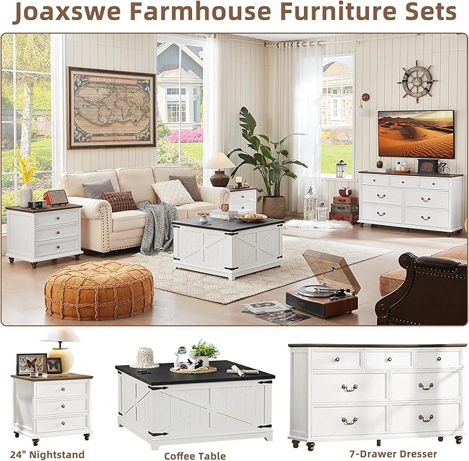 24" Wide Farmhouse Night Stand Set of 2,Large End Table with 3 Drawers & Metal Handle,White Wood Dresser for Bedroom Cabinet, Bed Side Table Chest of Drawers,Nightstand for Living Room,Closet-DeskLoop Office